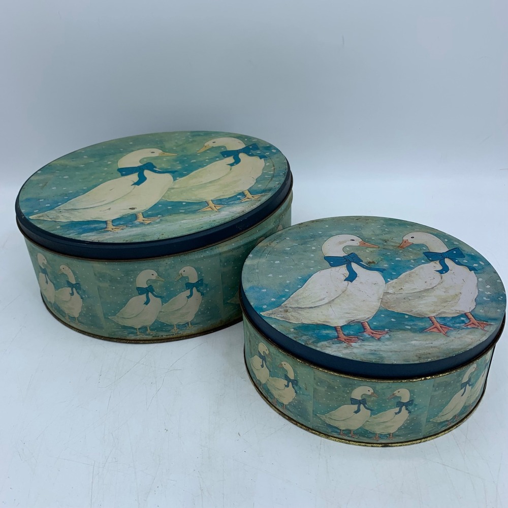 Vtg 90s Country Geese Nesting Tins Ducks Round Metal Storage Farm Rustic Goose